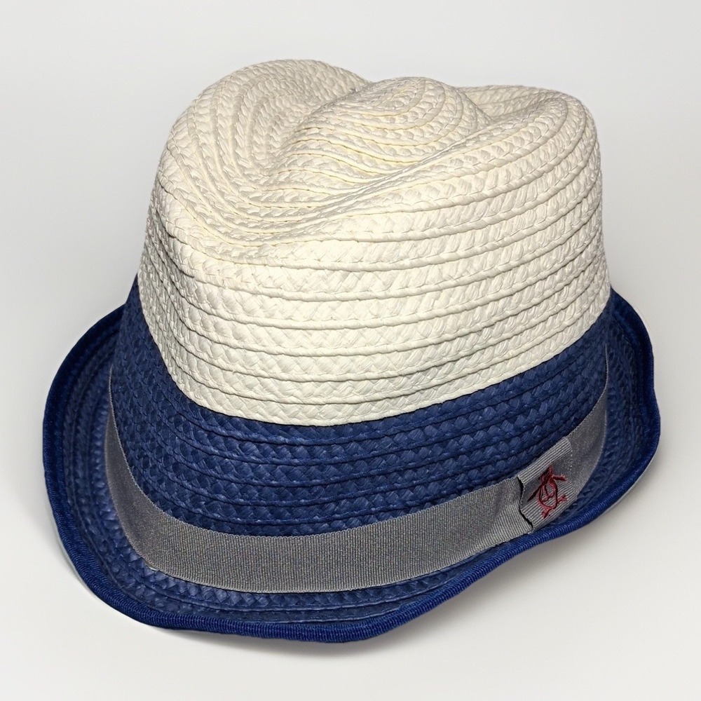 Original Penguin Mens Straw Fedora Hat Cream Navy Blue Colorblock S/M PN0285